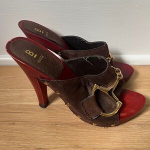 vintage brown suede and wooden mule heel with gold horsebit buckle detail